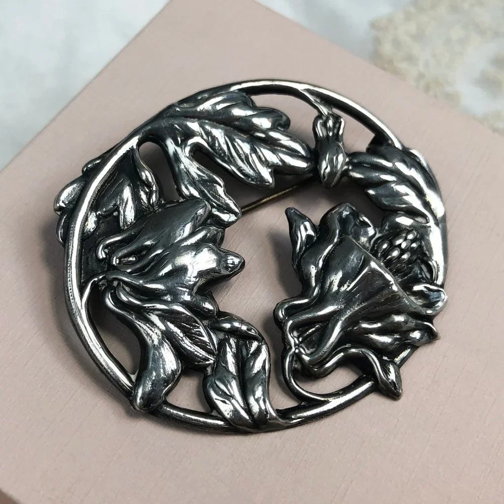 Huge thistle flower pin, large floral brooch silver tone